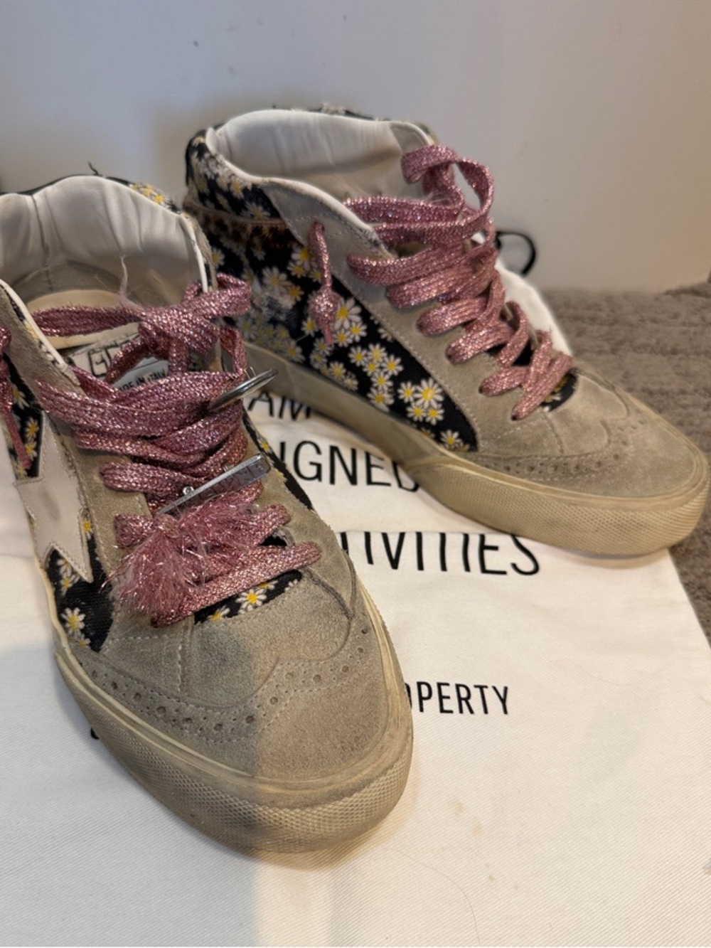 Golden Goose Daisy Accent High-Top Sneakers with Pink Glitter Laces